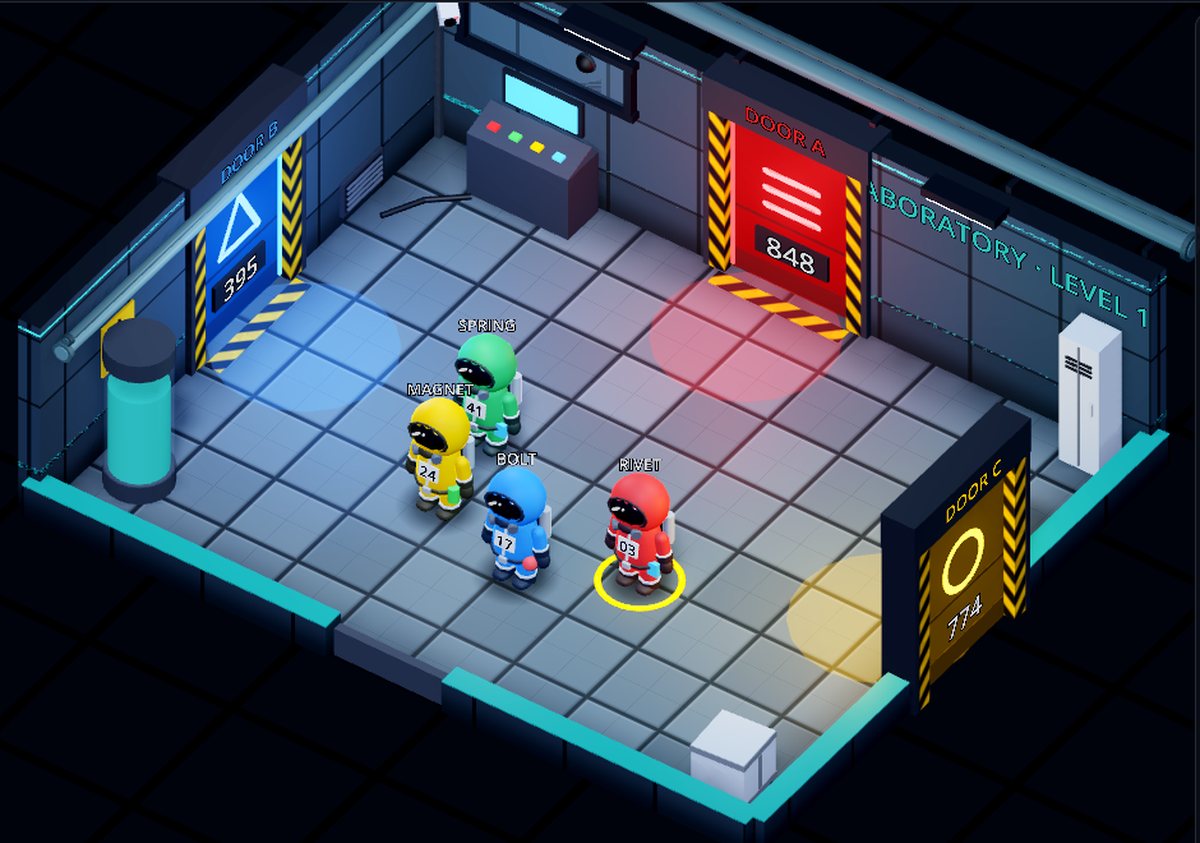 Four test subjects in the junction between three coloured doors: A, B and C