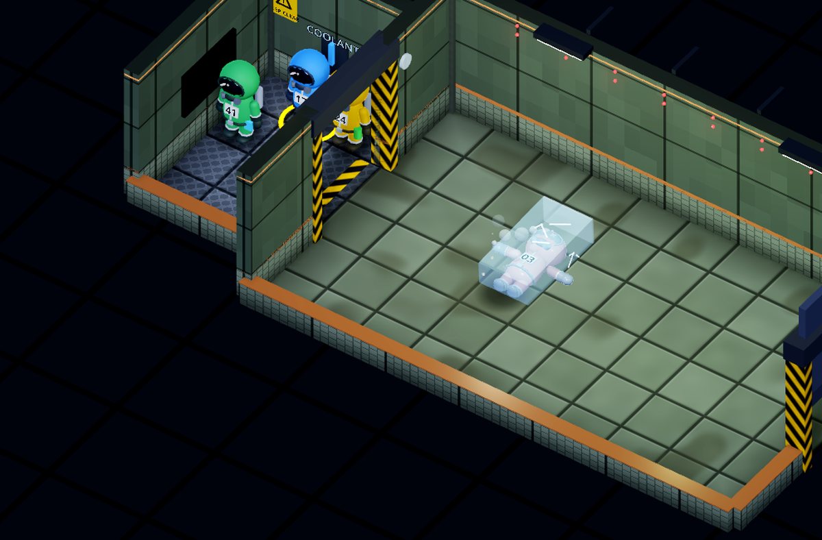 Subject 03 frozen solid inside a room while the rest of the team watches from the entrance
