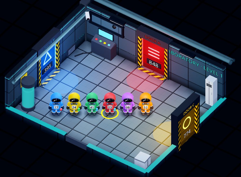 Six test subjects lined up in the starting room in front of the three doors