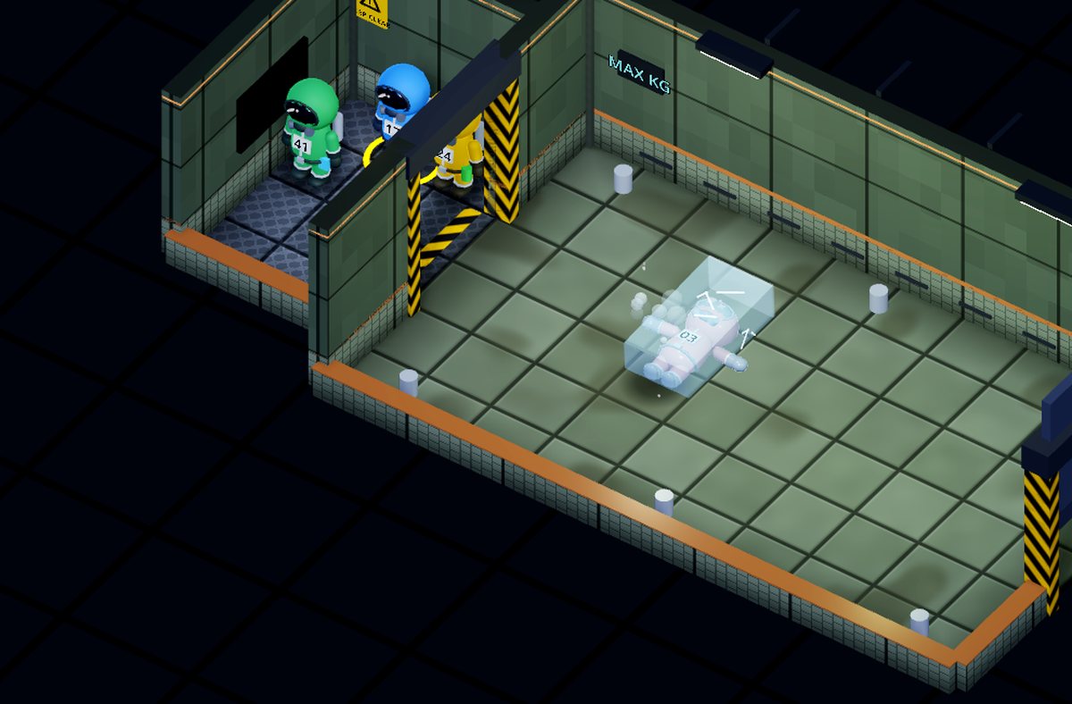 A test subject frozen in a block of ice in the middle of a room; the rest of the team watches from the doorway